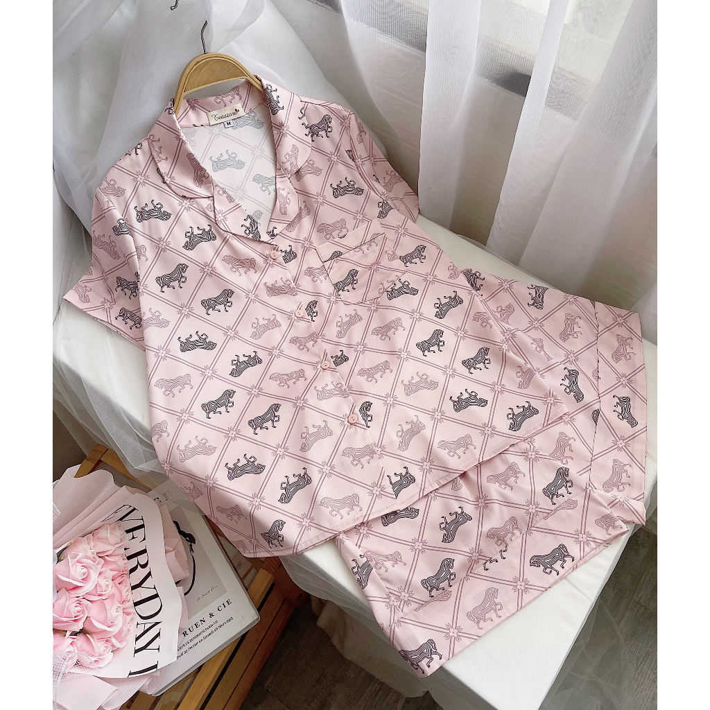 Bộ mặc nhà Pyjama lụa cộc Tea Store họa tiết mèo