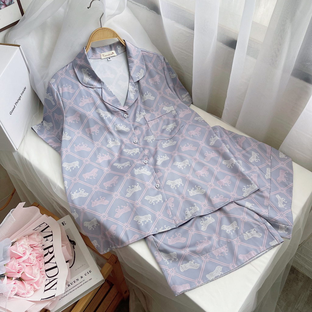 Bộ mặc nhà Pyjama lụa cộc Tea Store họa tiết mèo