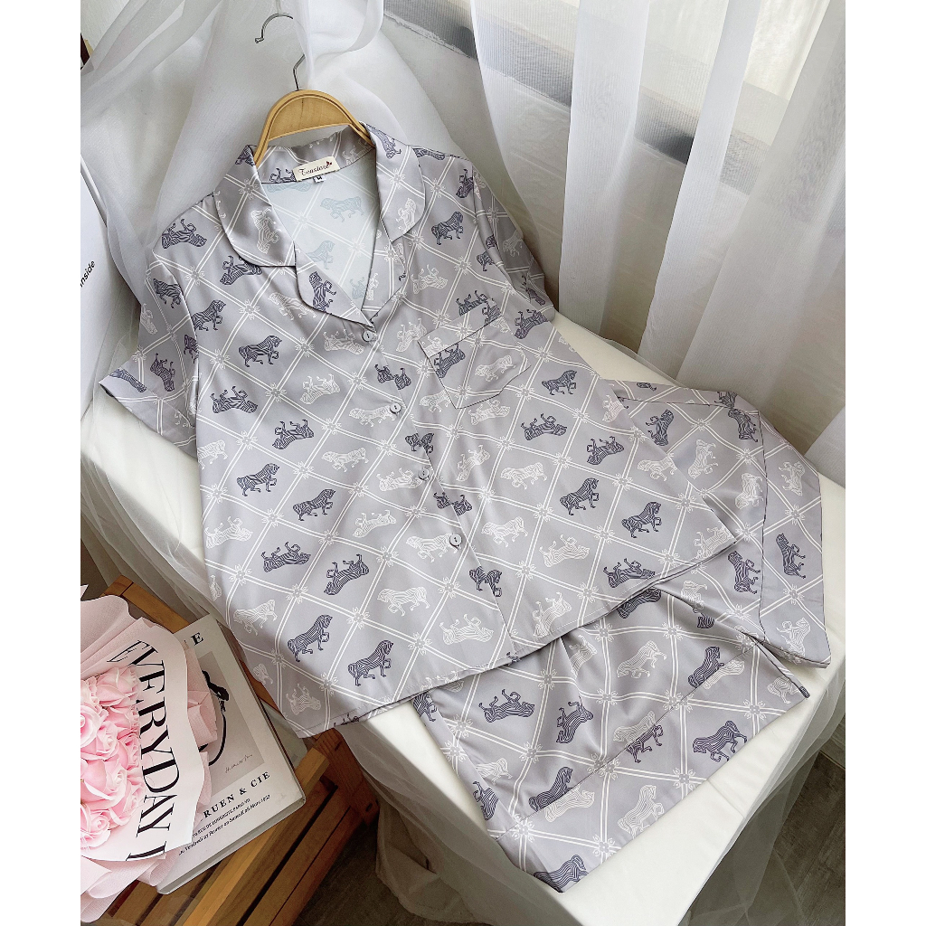 Bộ mặc nhà Pyjama lụa cộc Tea Store họa tiết mèo