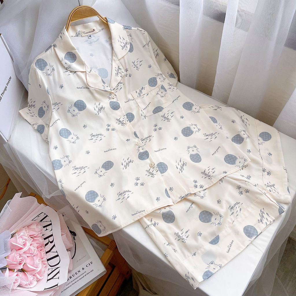 Bộ mặc nhà Pyjama lụa cộc Tea Store họa tiết mèo