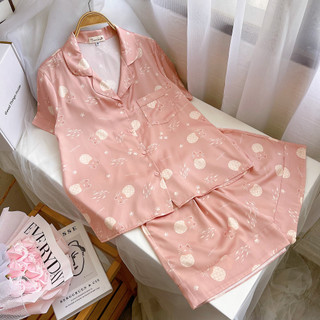 Bộ mặc nhà Pyjama lụa cộc Tea Store họa tiết mèo