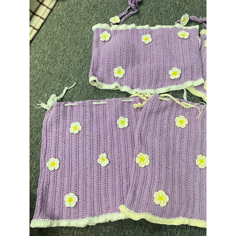 SET ÁO VÀ CHÂN VÁY MÓC LEN HANDMADE MÀU TÍM VIỀN TRẮNG