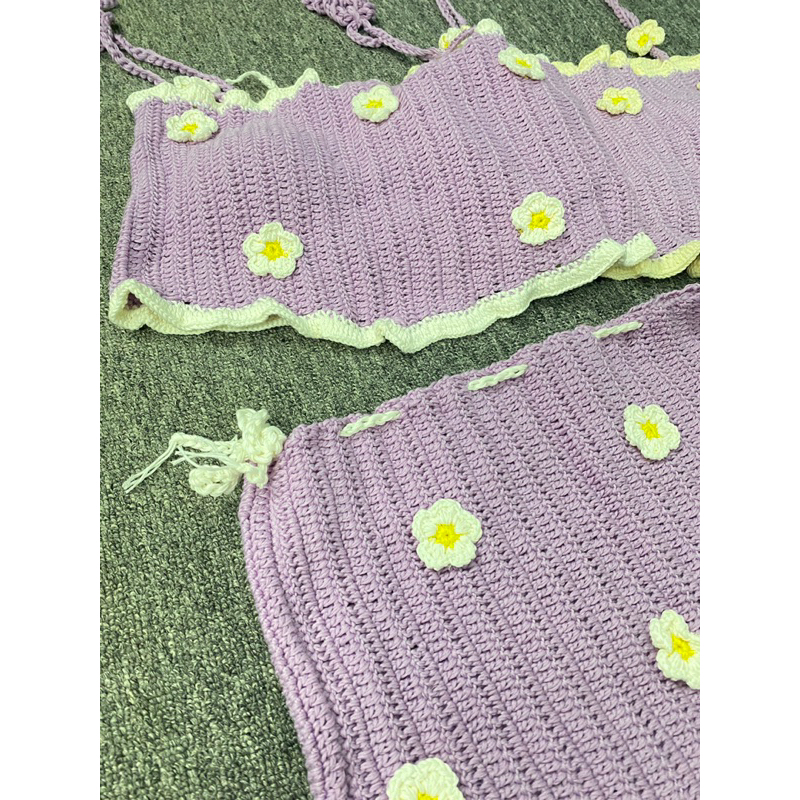 SET ÁO VÀ CHÂN VÁY MÓC LEN HANDMADE MÀU TÍM VIỀN TRẮNG