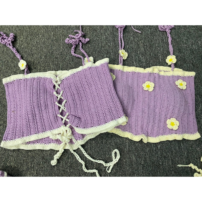 SET ÁO VÀ CHÂN VÁY MÓC LEN HANDMADE MÀU TÍM VIỀN TRẮNG