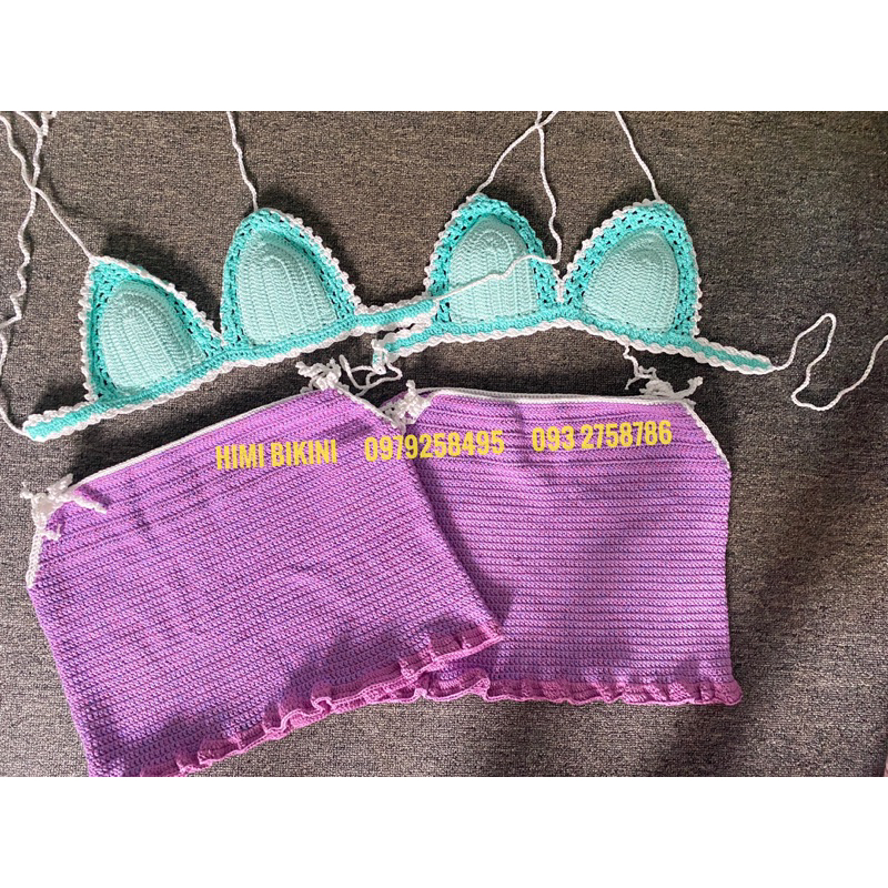 SET BIKINI VÁY MÓC LEN ÁO XANH VÁY TÍM PHỐI SB104