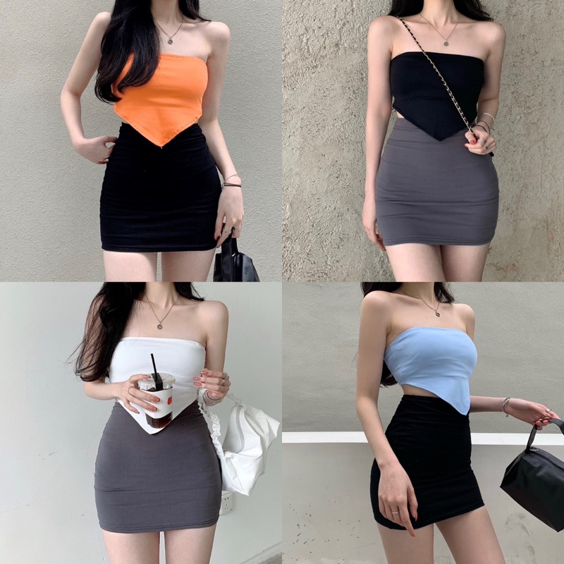 Áo Ống Cúp Ngực Màu Trơn Gợi Cảm Cho Nữ Set Áo Croptop Tam giác Và Chân Váy Ôm Áo Ống Không Tay Màu Trơn Thời Trang Nữ
