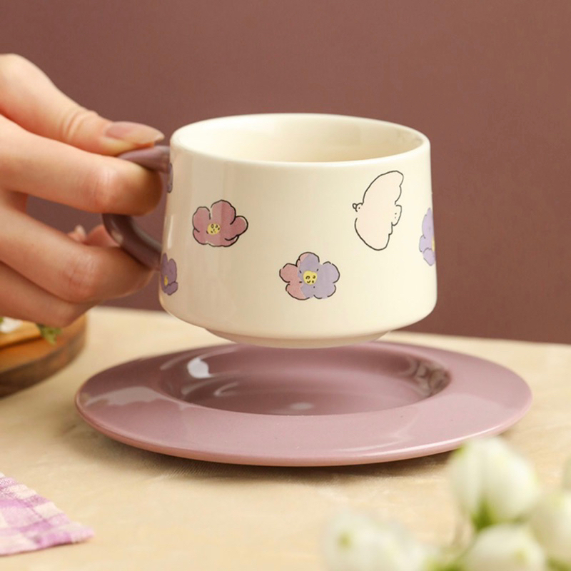 Set tách trà gốm tone màu pastel hoạ tiết thỏ bông mùa xuân dễ chịu
