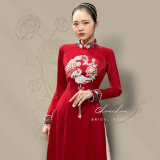 Áo dài cô dâu 4 tà dáng áo truyền thông , áo dài cưới họa tiết thêu công màu đỏ đô