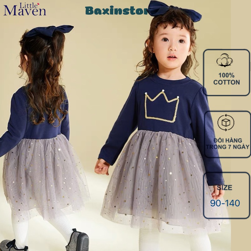 (10-30KG)VÁY BABYDOLL CÔNG CHÚA CHO BÉ GÁI LITTLE MAVEN DÀI TAY COTTON PHỐI REN KIM TUYẾN SIZE ĐẠI 2 3 4 5 6 7 TUỔI