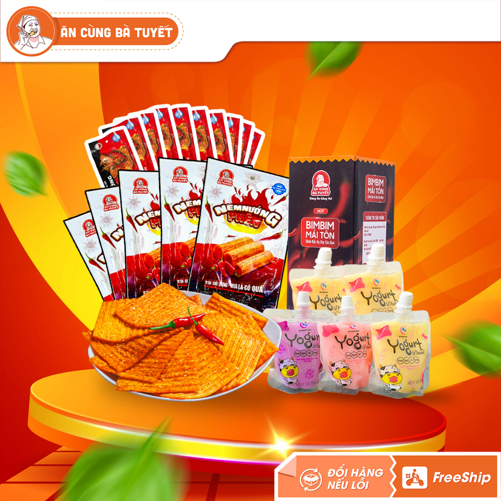 Combo NHẤT THỐNG : 30 GÓI NEM NƯỚNG PHÊN +10 gói Cá Hồi Nướng+ BimBim Mái Tôn + 5 Túi Sữa Chua tặng 12 gói đùi bò quay