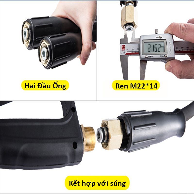 Dây rửa xe cao áp, dây cao áp máy rửa xe 8m lõi gang, dây áp lực cao lên đến 320Bar, ren trong 22mm, 2 đầu bằng nhau