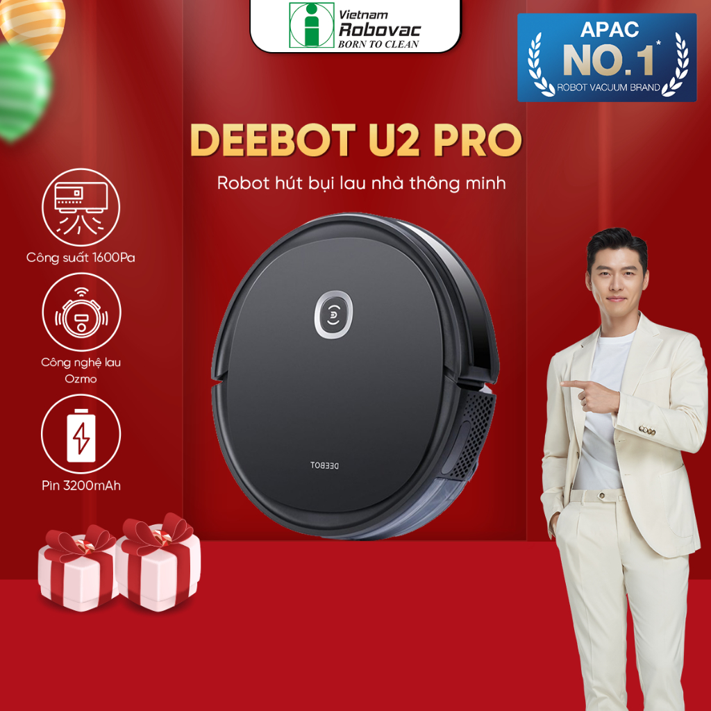 Robot hút bụi lau nhà thông minh Ecovacs Deebot U2 Pro -Lực hút 1600Pa_ Bản Quốc Tế_Bảo hành 24 Tháng_Hàng chính hãng
