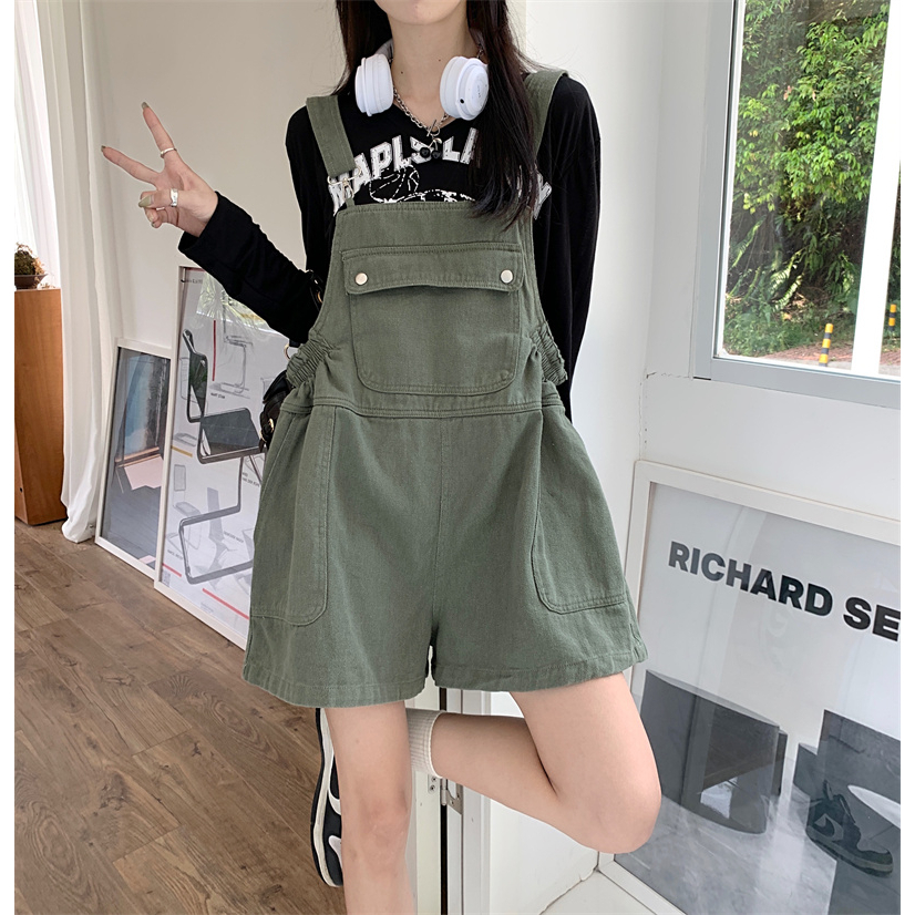 Quần yếm jean đùi nữ from rộng dáng ngắn chun bo eo phong cách học sinh quần yếm denim đùi nữ cá tính thời trang ulzzang