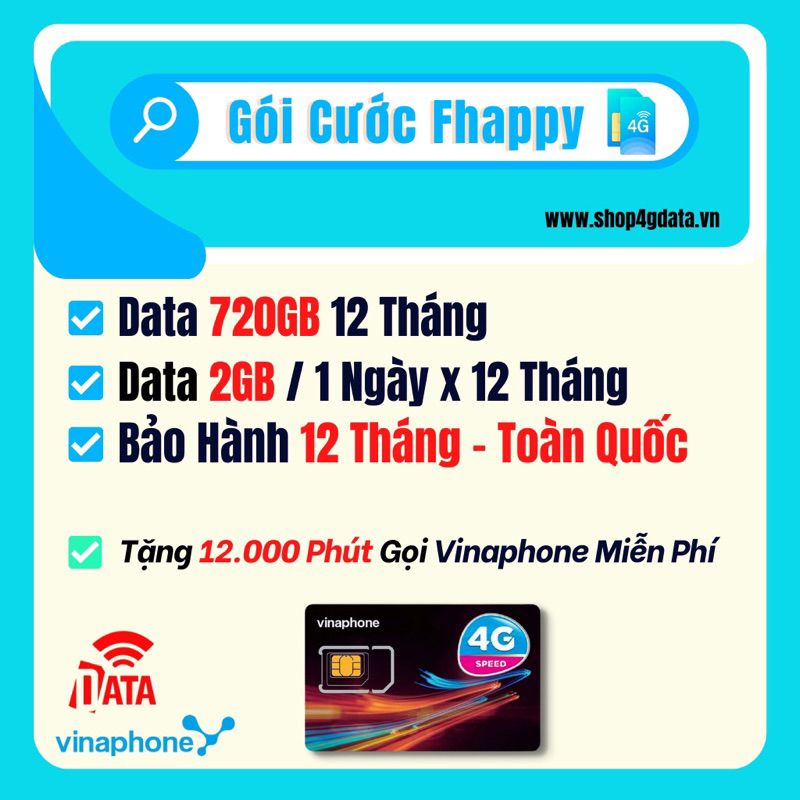 Sim Fhappy Data 2GB 1 Ngày Sử Dụng 720GB 1 Năm , Miễn Phí 1000 Phút Gọi Nội Mạng , Bảo Hành Toàn Quốc 12 Tháng