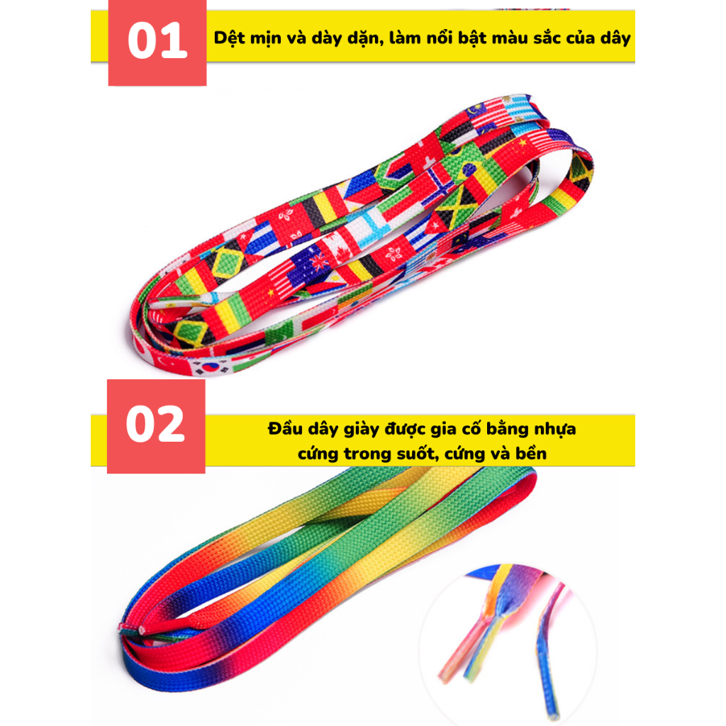 Dây giày thể thao in hình, dây giày màu cầu vồng nhiều mẫu bản dẹt độ dài 120cm - NH001