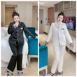 Đồ Bộ Nữ Tay Dài Viền Chữ Phong Cách Quảng Châu 2 Màu Cực Sang - Pyjama Lụa Xước Freesize 40-60kg