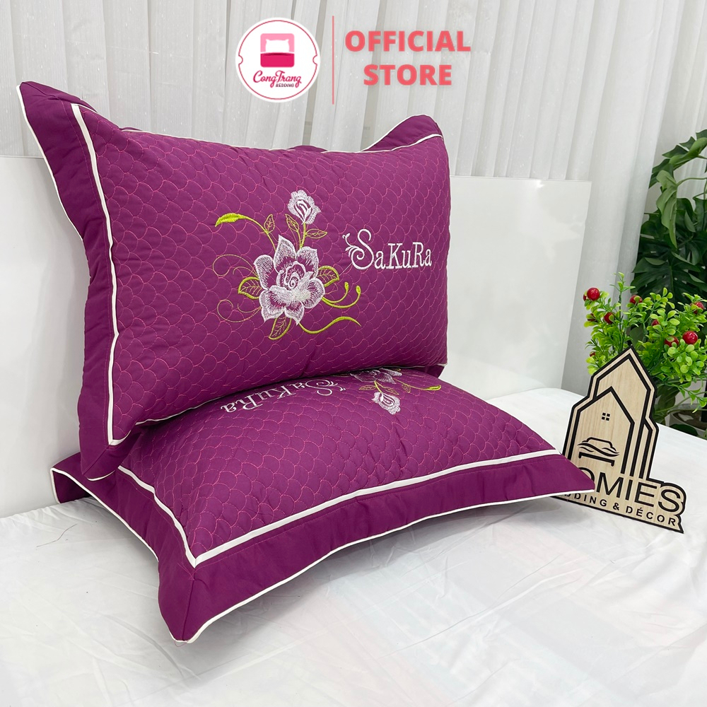 Đôi vỏ gối đầu trần bông Cotton satin nhiều màu thêu chữ sắc nét - SIZE 45cm x 65cm