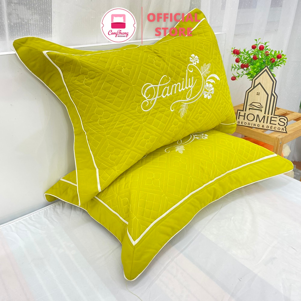 Đôi vỏ gối đầu trần bông Cotton satin nhiều màu thêu chữ sắc nét - SIZE 45cm x 65cm
