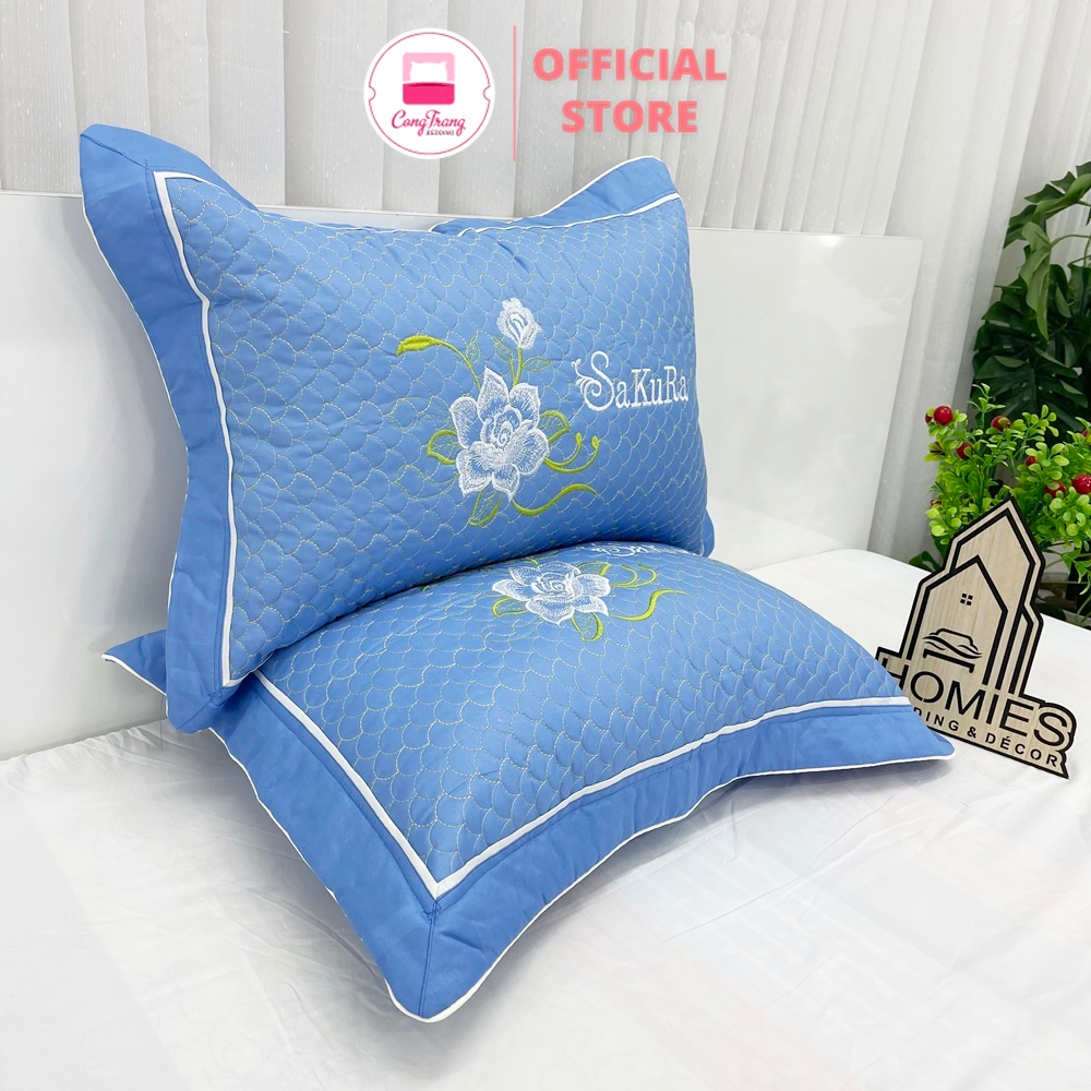 Đôi vỏ gối đầu trần bông Cotton satin nhiều màu thêu chữ sắc nét - SIZE 45cm x 65cm