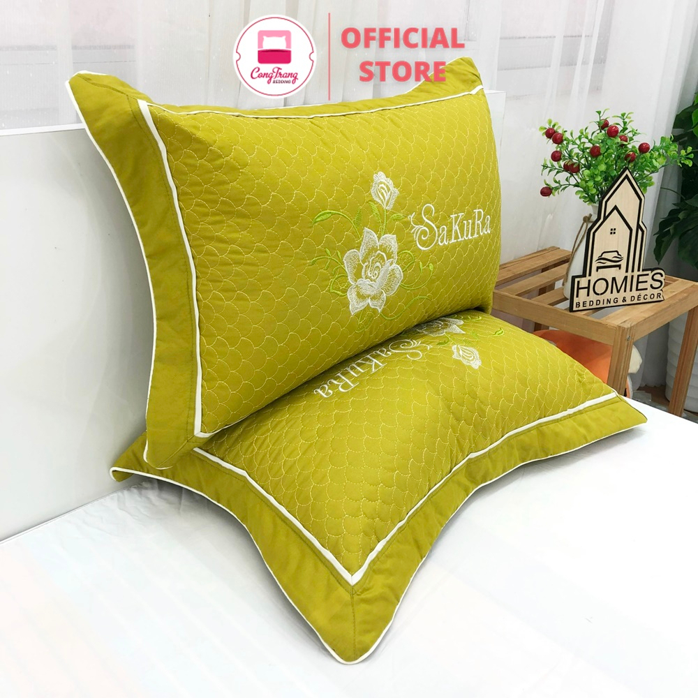 Đôi vỏ gối đầu trần bông Cotton satin nhiều màu thêu chữ sắc nét - SIZE 45cm x 65cm