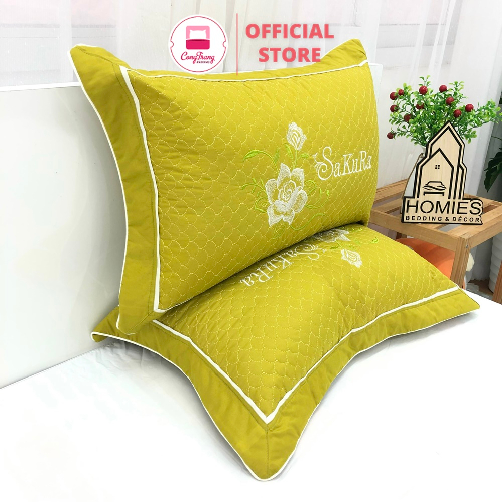 Đôi vỏ gối đầu trần bông Cotton satin nhiều màu thêu chữ sắc nét - SIZE 45cm x 65cm