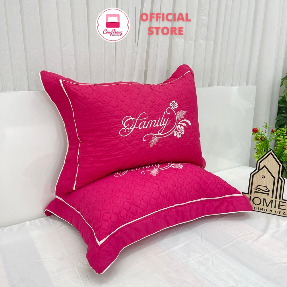 Đôi vỏ gối đầu trần bông Cotton satin nhiều màu thêu chữ sắc nét - SIZE 45cm x 65cm