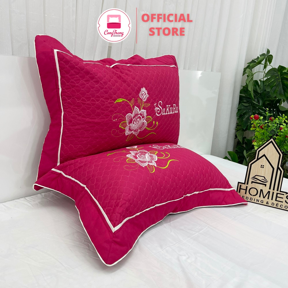 Đôi vỏ gối đầu trần bông Cotton satin nhiều màu thêu chữ sắc nét - SIZE 45cm x 65cm