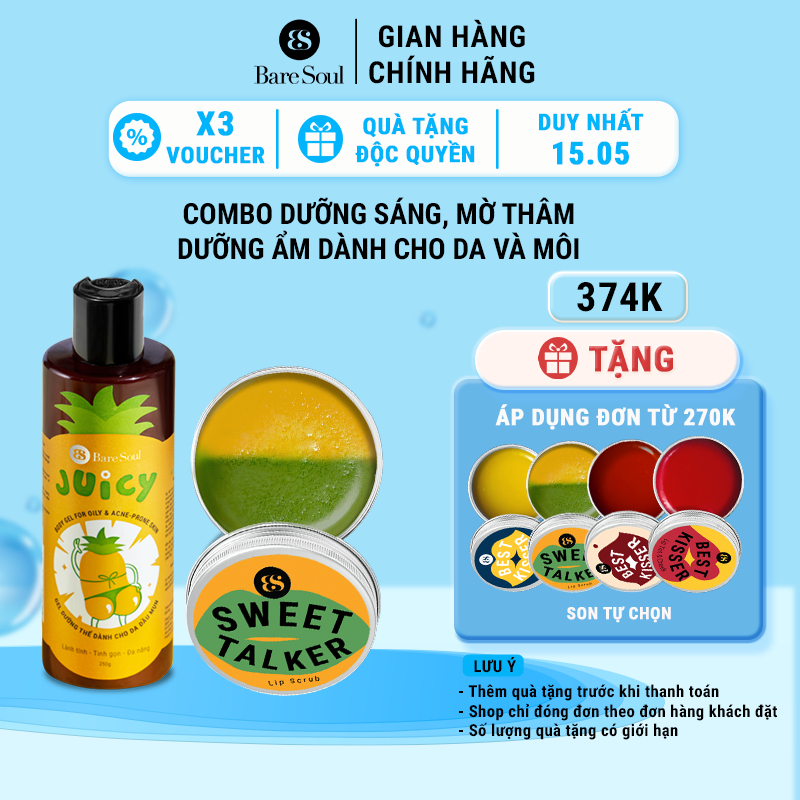 Combo dưỡng sáng, mờ thâm, dưỡng ẩm dành cho da và môi BareSoul Body Gel Juicy 250g + Sweet Talker Lip Scrub 20g