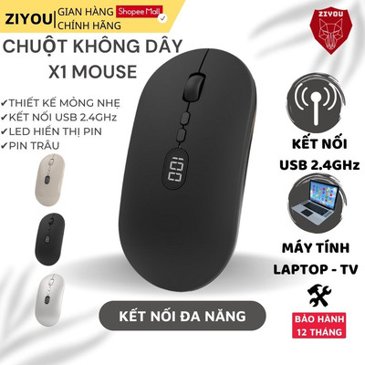 Chuột Không Dây Vi Tính Máy Tính Laptop Ziyou X1 Mouse Led Hiển Thị Pin Dùng Pin Sạc Thiết Kế Mỏng