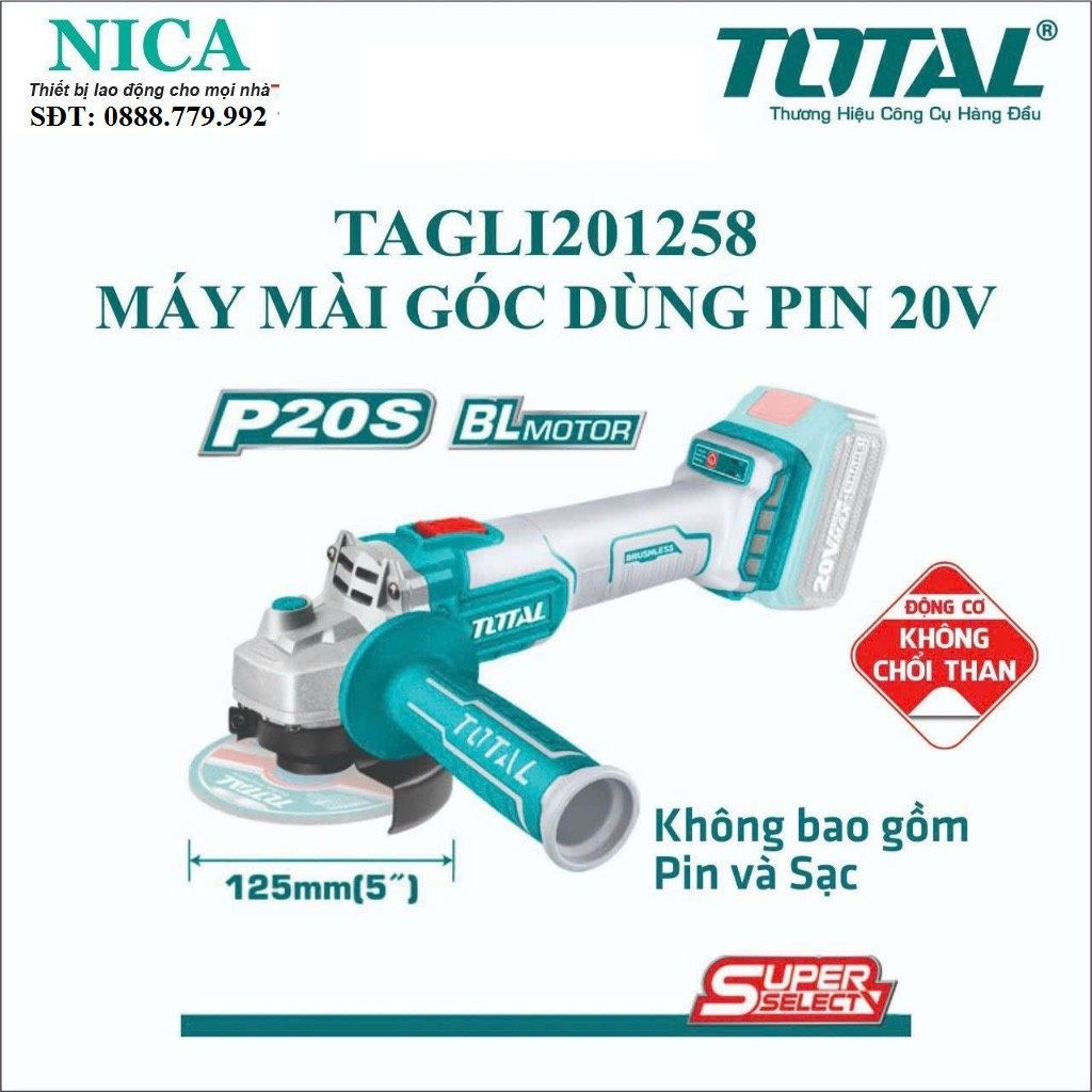 Máy mài góc dùng pin Lithium 20V TOTAL TAGLI201258 - TAGLI10022  (không kềm pin sạc) Mô tơ không chổ