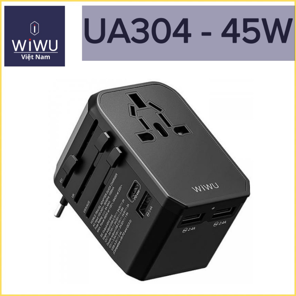 Ổ cắm điện du lịch đa năng 4in1 tích hợp sạc Type C cho MacAir, máy tính bảng WIWU Universal Adapter Travel UA304-45W