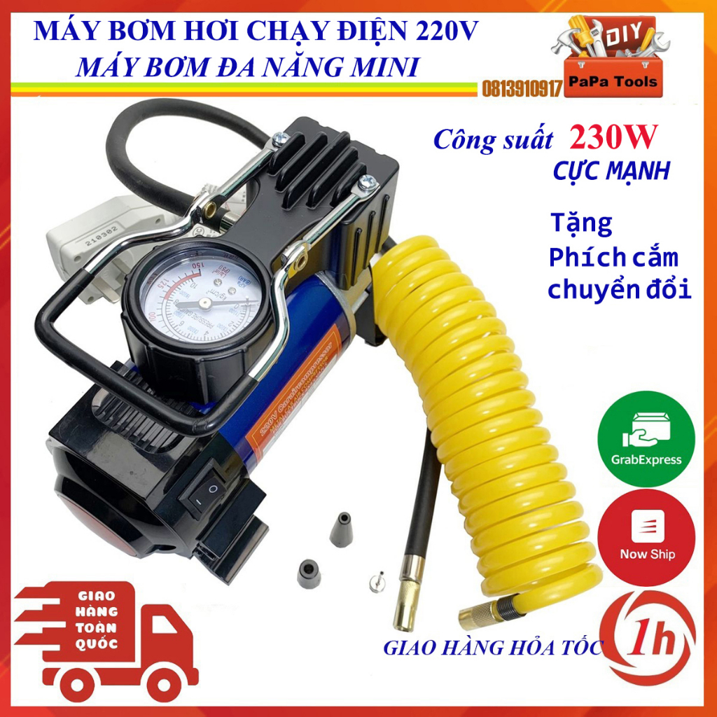 Bơm điện đa năng, Máy bơm lốp ô tô mini, Bơm hơi mini 220V - Tặng kèm chân cắm chuyển đổi