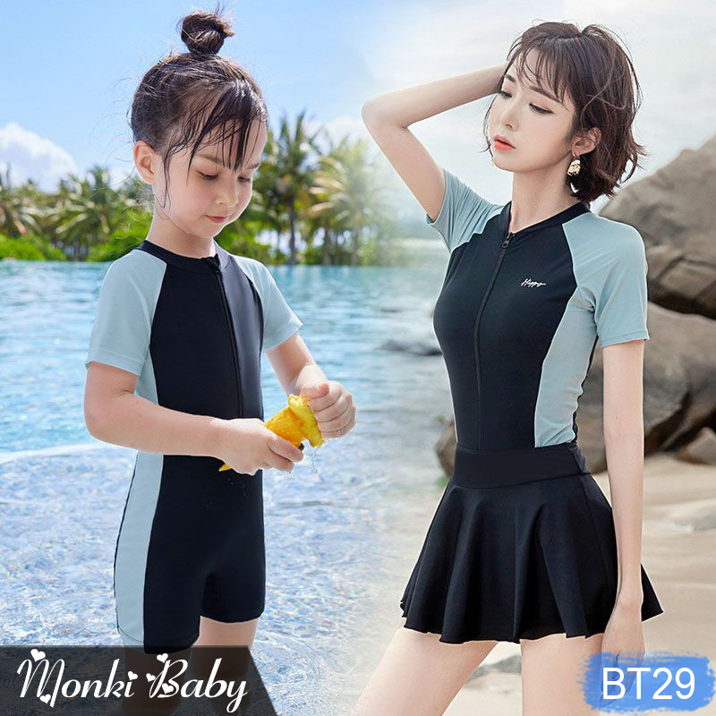 Đồ bơi đôi cho mẹ và bé gái, dáng liền thân quần short đùi khoẻ đẹp, có kèm chân váy rời nữ tính, bộ bơi mẹ con | BT29