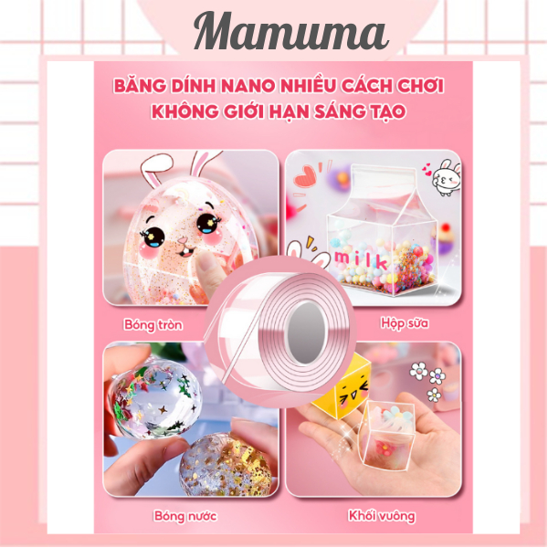 Băng keo 2 mặt thổi bong bóng nước, băng dính hai mặt nano trong suốt siêu dính dán tường đa năng kèm ống hút, kim tuyến
