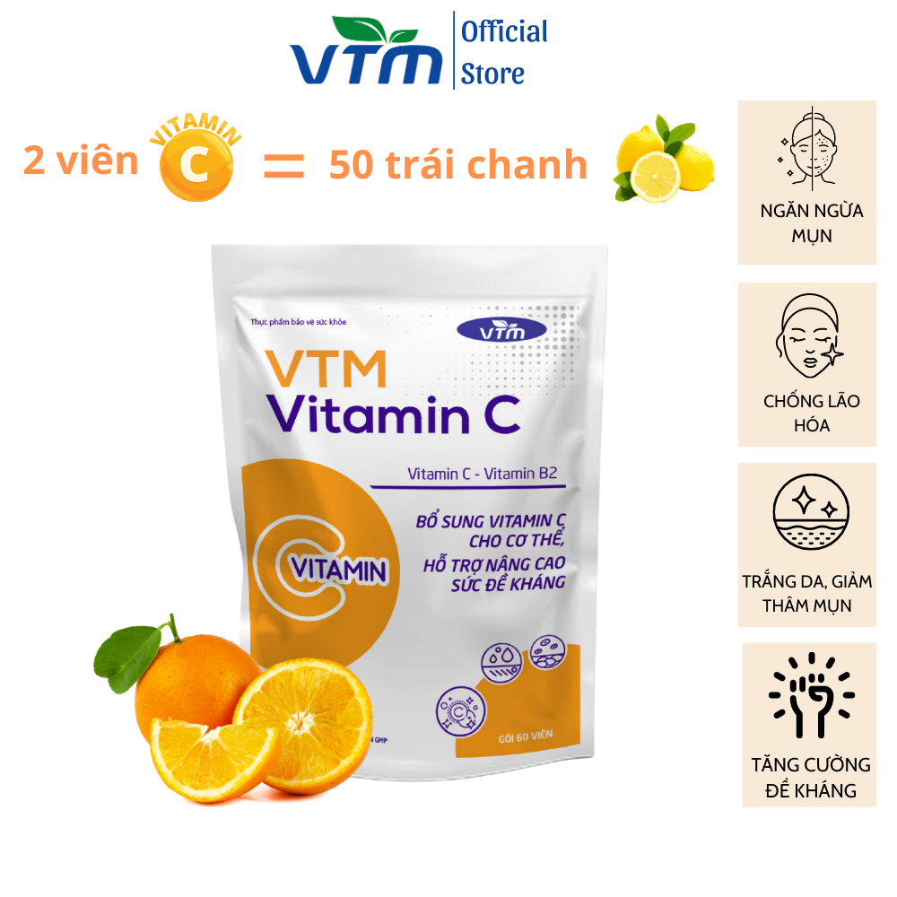 Combo 2 gói Viên uống VTM Vitamin C bổ sung vitamin C, sáng da, mờ thâm, tăng cường đề kháng gói 60 viên