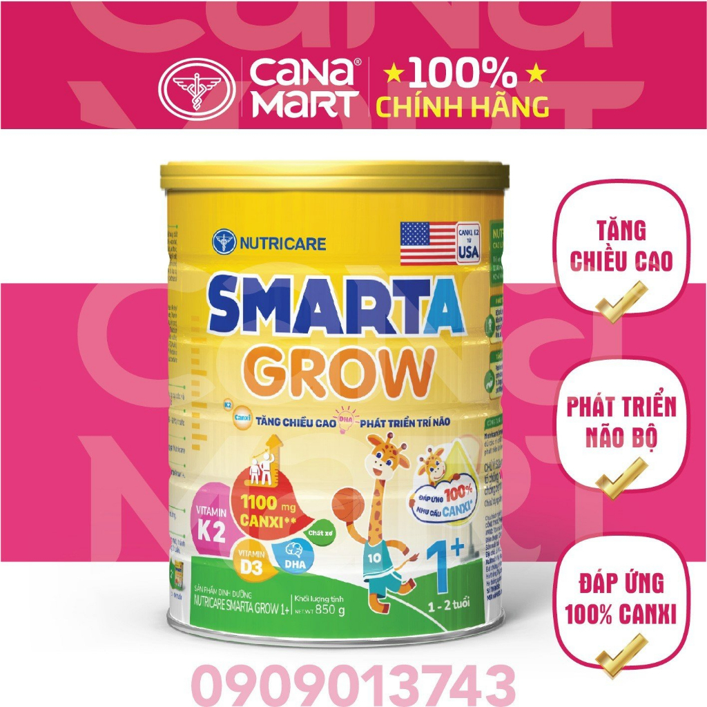 Sữa bột Nutricare Smarta Grow dinh dưỡng cho trẻ thấp còi (900g)