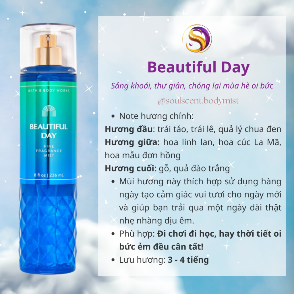 Body mist Beautiful Day xịt thơm toàn thân Bath & Body Works (AUTH Mỹ) | Soul Scent