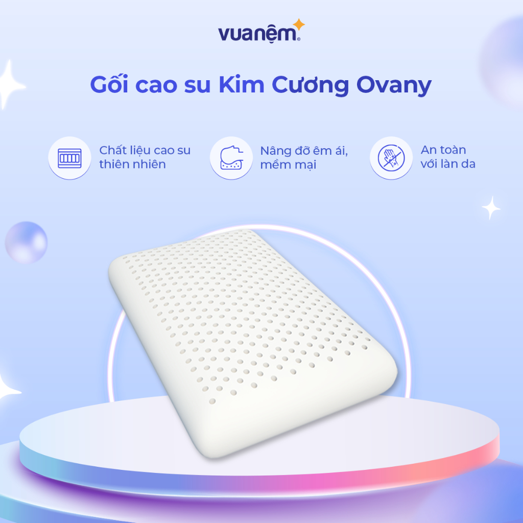 Gối cao su thiên nhiên Kim Cương Ovany 40x60cm đàn hồi chống đau vai gáy phân phối VN