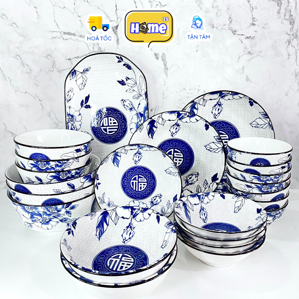 Bộ chén dĩa sứ hoa cẩm chướng chữ Phúc may mắn HOME25