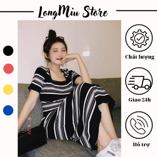 Đầm váy body len dáng dài kẻ sọc thiết kế cổ tròn tay ngắn váy body ôm sát cơ thể tôn dáng thời trang nữ (Hàng ODER)