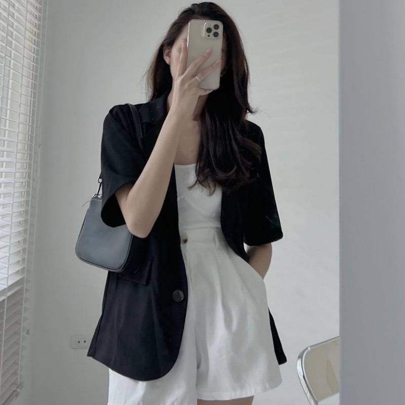Áo Blazer Vest Cộc Tay Dáng Rộng Freesize Áo Khoác Ngoài Nữ Ngấn Tay Thời Trang Rosara BL1