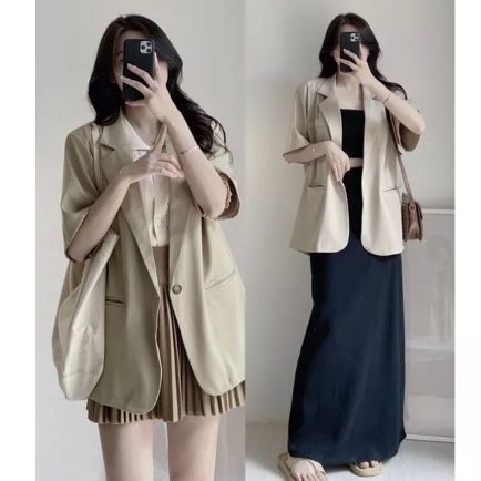 Áo Blazer Vest Cộc Tay Dáng Rộng Freesize Áo Khoác Ngoài Nữ Ngấn Tay Thời Trang Rosara BL1