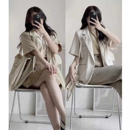 Áo Blazer Vest Cộc Tay Dáng Rộng Freesize Áo Khoác Ngoài Nữ Ngấn Tay Thời Trang Rosara BL1