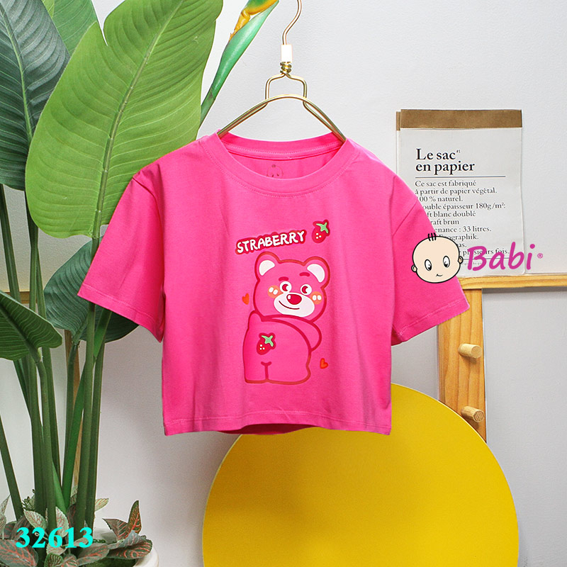 Áo croptop in gấu xì teen cho bé gái, Áo thun croptop phong cách Hàn Quốc chất cotton 4C size đại 15-45kg