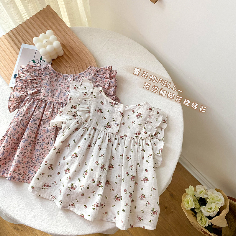 Áo bé gái trắng họa tiết hoa tay bèo chất liệu cotton kiểu dáng thời trang từ 0-3 tuổi