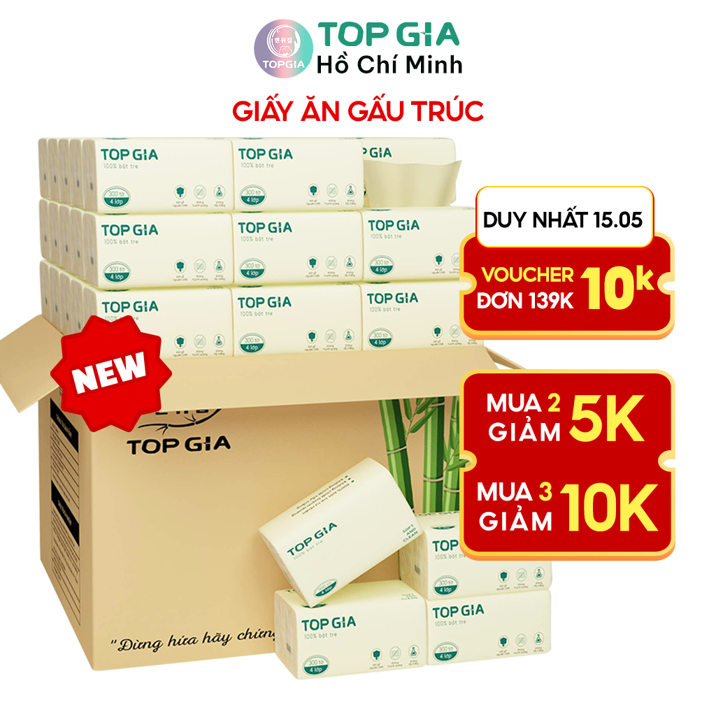 Giấy ăn gấu trúc TopGia cao cấp, khăn giấy từ bột tre 4 lớp thùng 20 30 gói 300 tờ 4 lớp siêu dai, siêu mềm mịn