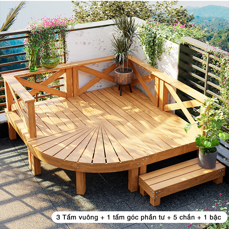 Kệ ván gỗ nâng sàn chống ăn mòn ngoài trời sân vườn - Ván gỗ nâng nền ban công sân thượng lan can làm góc thư giãn
