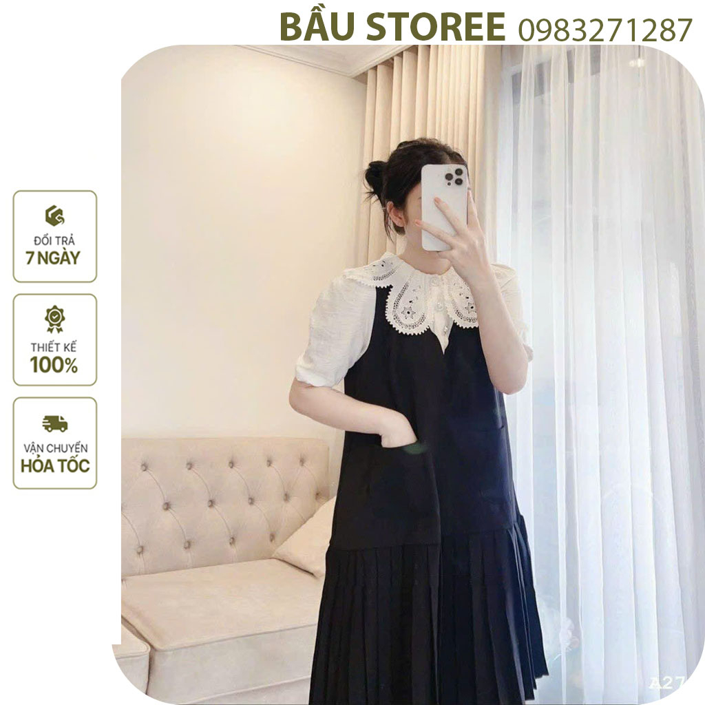 VÁY ĐẦM BẦU CÔNG SỞ DỰ TIỆC-ĐẦM BẦU THỜI TRANG BABYDOLL CỔ REN XINH XẮN ĐUÔI CÁ XẾP LY SANG CHẢN