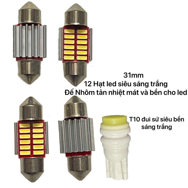 Bóng T10 led đui sứ bền, bóng lợn 2 đầu siêu sáng trắng gắt trần tec cob cốp demi tapli biển số đọc báo xe hơi oto ô tô