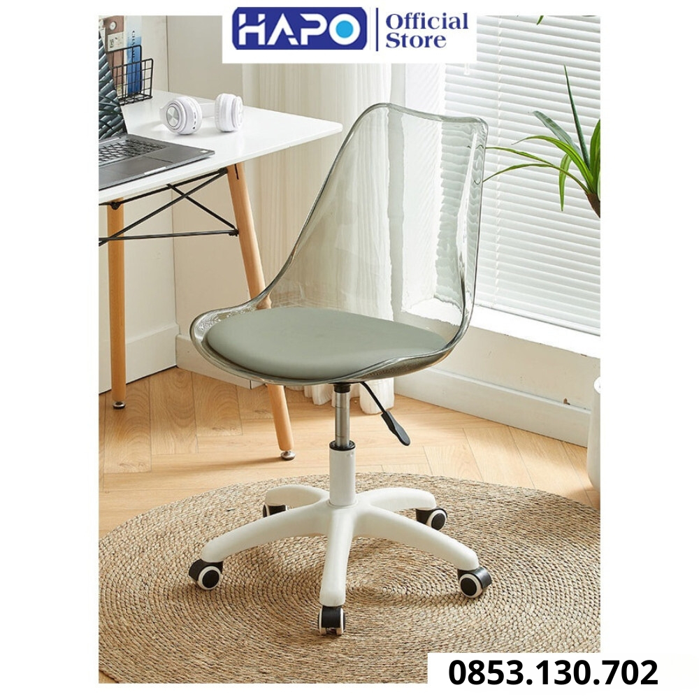 Ghế xoay nhựa trong suốt có nệm cao cấp, Ghế xoay trong suốt nâng hạ chiều cao có bánh xe di chuyển, ghế văn phòng